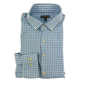 Peter Millar Summer Comfort White w/ Blue Check Nylon Spandex Button Down Sz XL